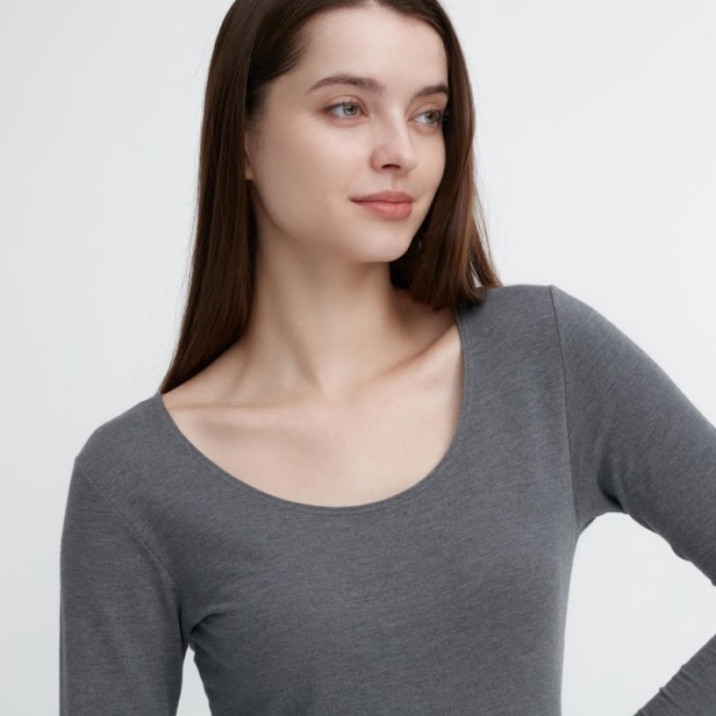 Uniqlo HEATTECH Cotton Scoop Neck Long-Sleeve レディース Tシャツ グレー | 560043