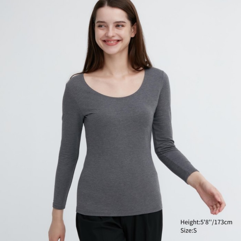 Uniqlo HEATTECH Cotton Scoop Neck Long-Sleeve レディース Tシャツ グレー | 560043