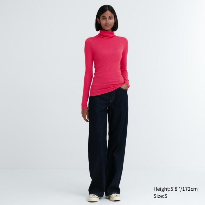 Uniqlo HEATTECH Extra Warm Seamless Ribbed Turtleneck Long-Sleeve レディース Tシャツ ピンク | 2265649