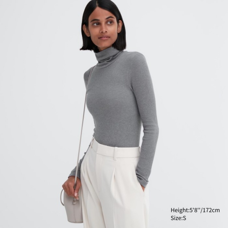 Uniqlo HEATTECH Extra Warm Seamless Ribbed Turtleneck Long-Sleeve レディース Tシャツ グレー | 8221963