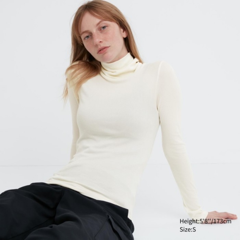 Uniqlo HEATTECH Extra Warm Seamless Ribbed Turtleneck Long-Sleeve レディース Tシャツ 白 | 809130