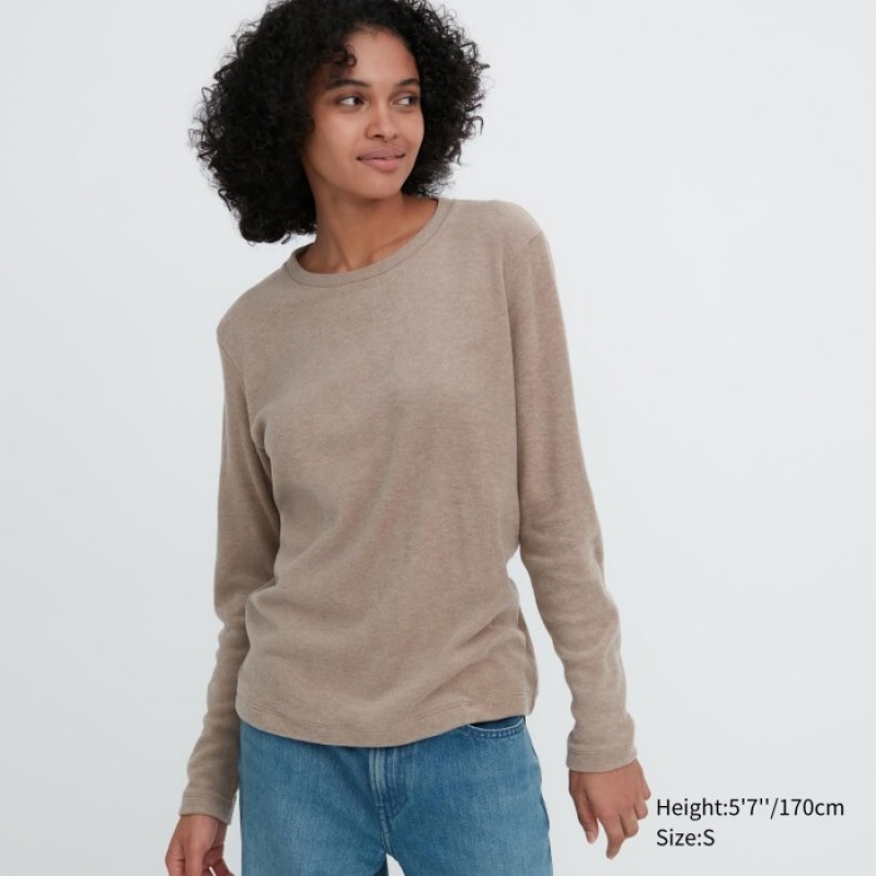 Uniqlo HEATTECH Fleece Crew Neck Long-Sleeve レディース Tシャツ ベージュ | 2030841