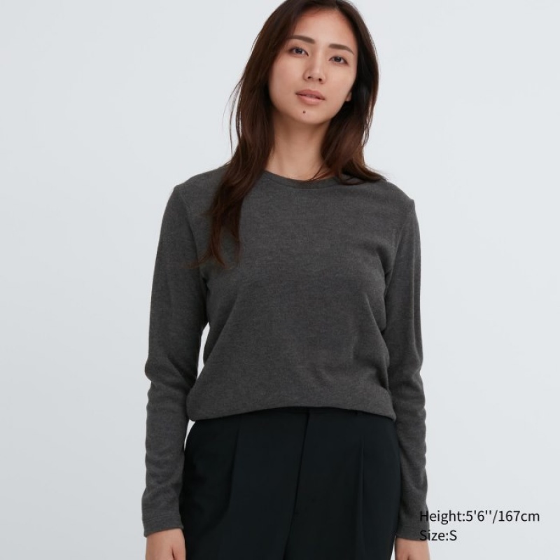 Uniqlo HEATTECH Fleece Crew Neck Long-Sleeve レディース Tシャツ グレー | 6190919