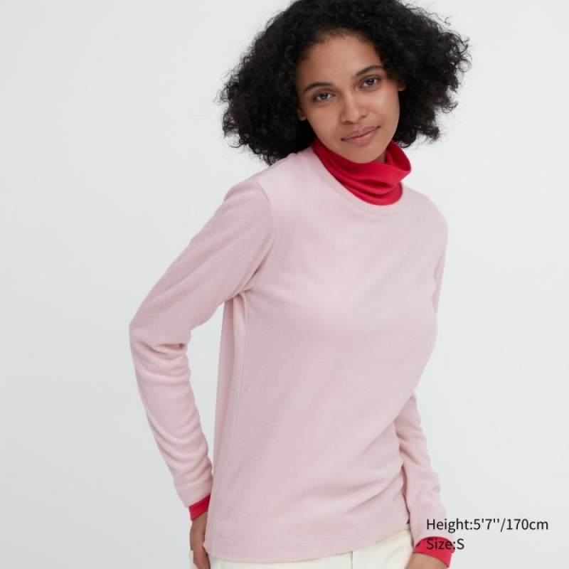 Uniqlo HEATTECH Fleece Crew Neck Long-Sleeve レディース Tシャツ ピンク | 6189671