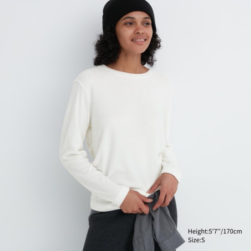 Uniqlo HEATTECH Fleece Crew Neck Long-Sleeve レディース Tシャツ 白 | 4868664