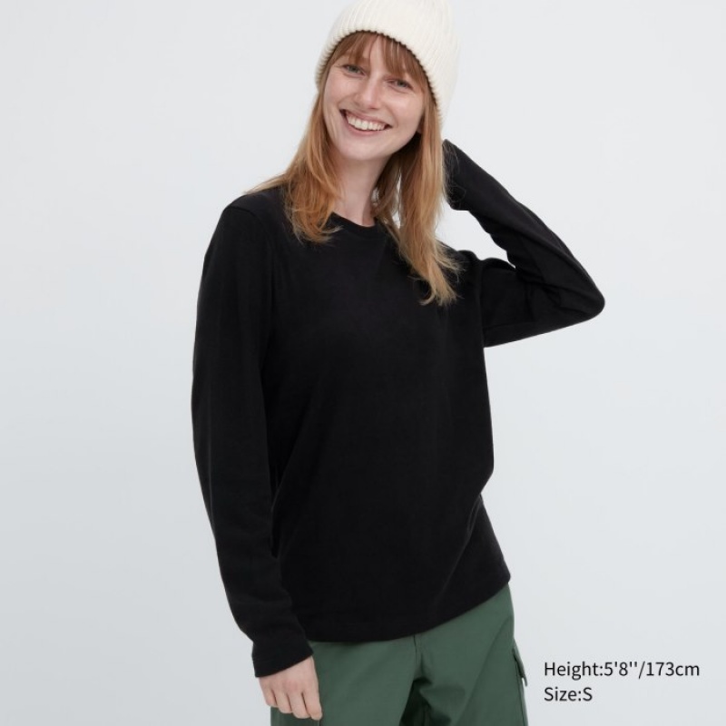 Uniqlo HEATTECH Fleece Crew Neck Long-Sleeve レディース Tシャツ 黒 | 7489463