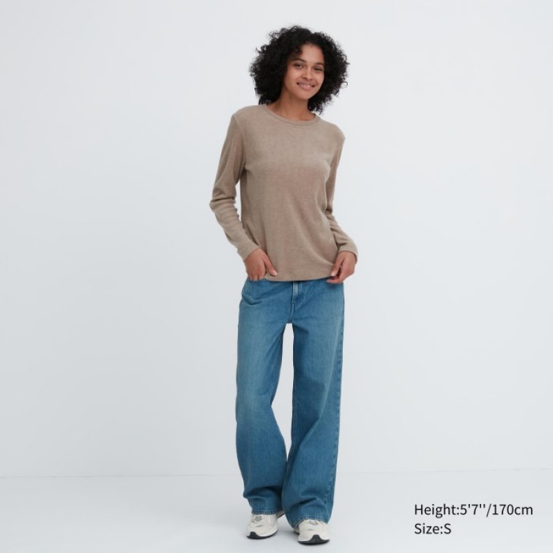 Uniqlo HEATTECH Fleece Crew Neck Long-Sleeve レディース Tシャツ 紫 | 6593514