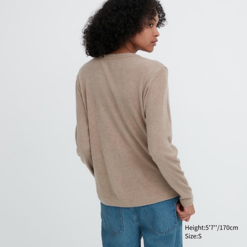 Uniqlo HEATTECH Fleece Crew Neck Long-Sleeve レディース Tシャツ 紫 | 6593514