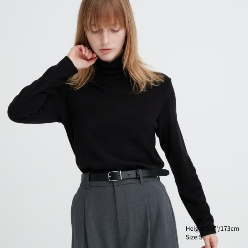 Uniqlo HEATTECH Fleece Turtleneck Long-Sleeve レディース Tシャツ 黒 | 781483