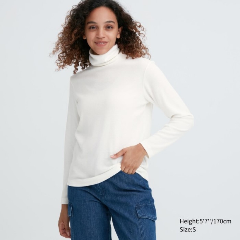 Uniqlo HEATTECH Fleece Turtleneck Long-Sleeve レディース Tシャツ 白 | 2656902
