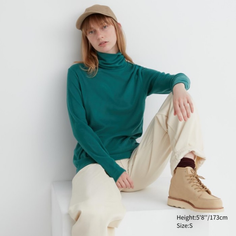 Uniqlo HEATTECH Fleece Turtleneck Long-Sleeve レディース Tシャツ 緑 | 3112889
