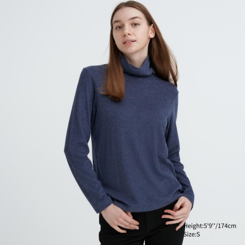 Uniqlo HEATTECH Fleece Turtleneck Long-Sleeve レディース Tシャツ 青 | 8247875