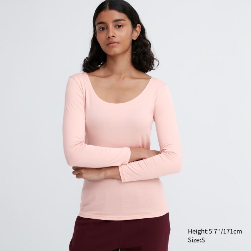 Uniqlo HEATTECH Scoop Neck Long-Sleeve レディース Tシャツ ピンク | 65477