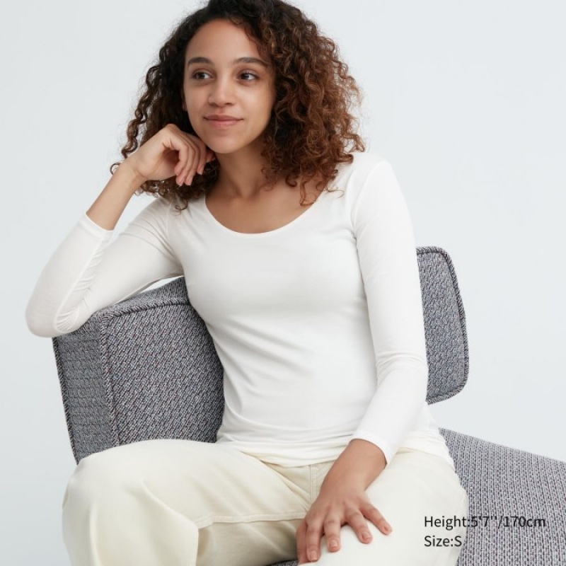 Uniqlo HEATTECH Scoop Neck Long-Sleeve レディース Tシャツ 白 | 568951