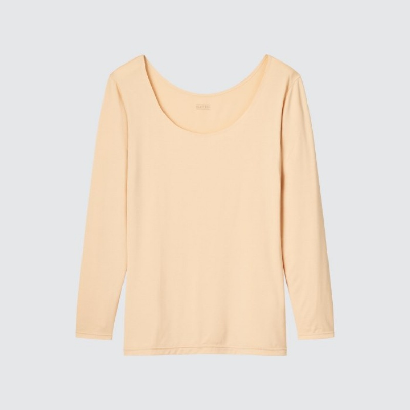 Uniqlo HEATTECH Scoop Neck Long-Sleeve レディース Tシャツ ベージュ | 6544097