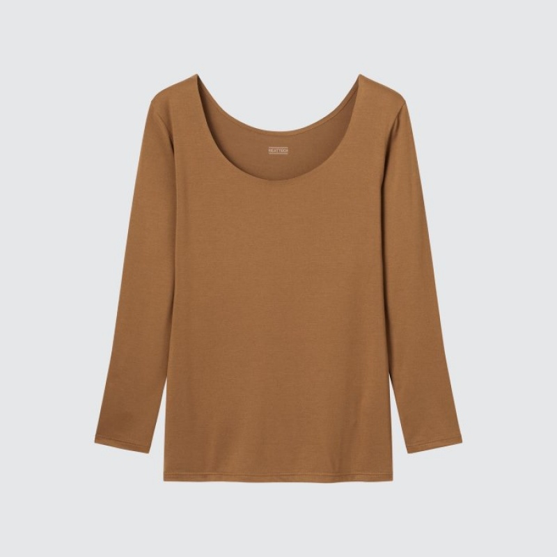 Uniqlo HEATTECH Scoop Neck Long-Sleeve レディース Tシャツ ブラウン | 7918923