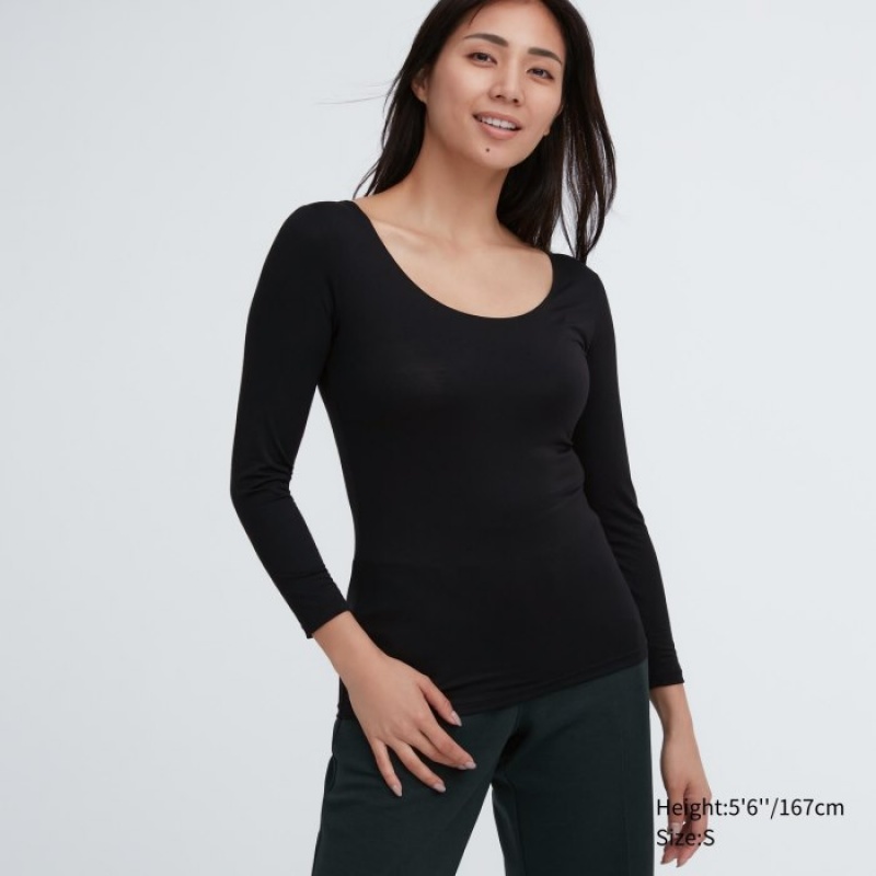 Uniqlo HEATTECH Scoop Neck Long-Sleeve レディース Tシャツ 黒 | 4714756