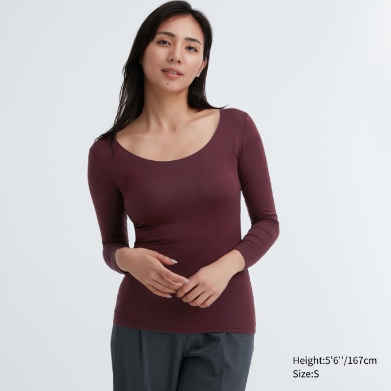 Uniqlo HEATTECH Scoop Neck Long-Sleeve レディース Tシャツ ボルドー | 191688