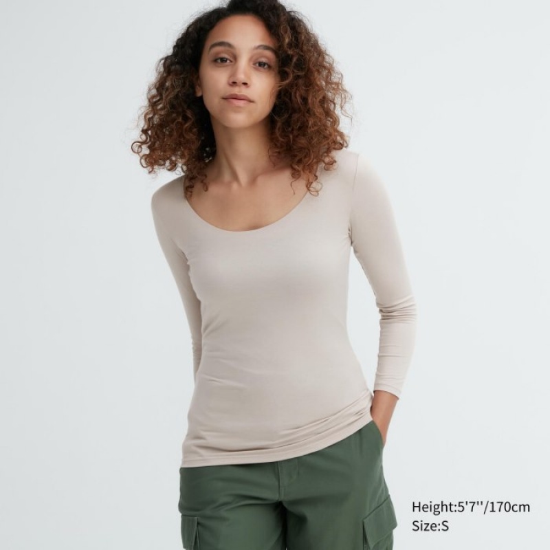 Uniqlo HEATTECH Scoop Neck Long-Sleeve レディース Tシャツ グレー | 6666247