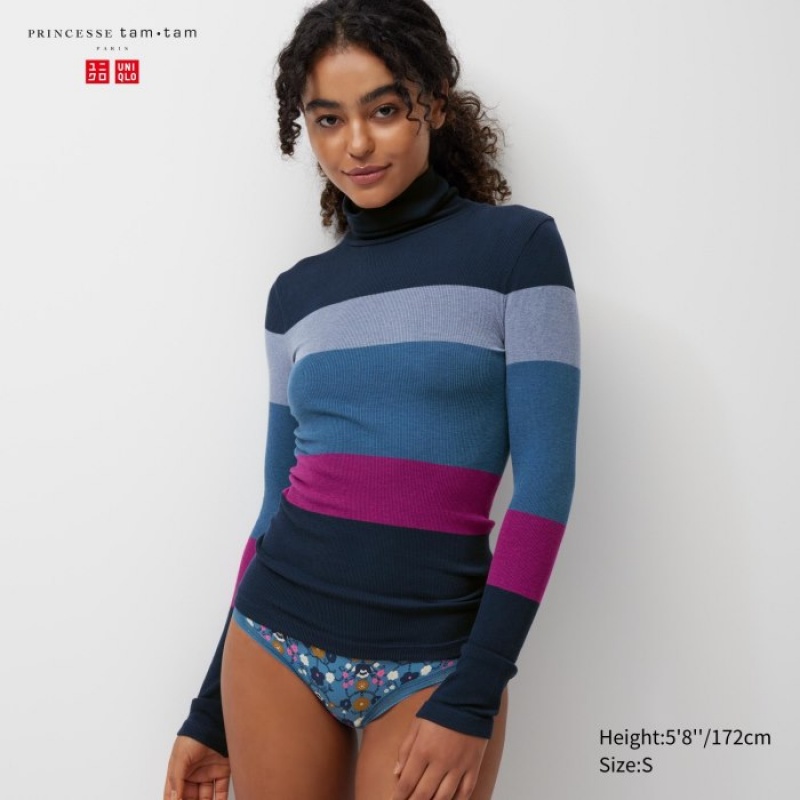Uniqlo HEATTECH Seamless Ribbed Extra Warm レディース Tシャツ ネイビー | 8176085