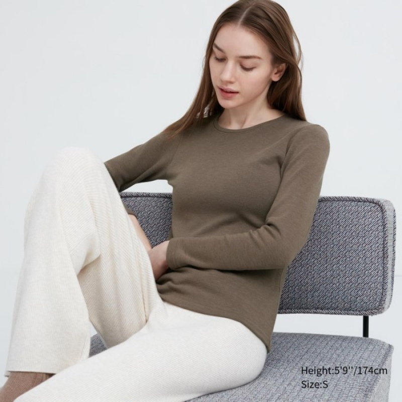 Uniqlo HEATTECH Ultra Warm Crew Neck Long-Sleeve レディース Tシャツ ブラウン | 4225594