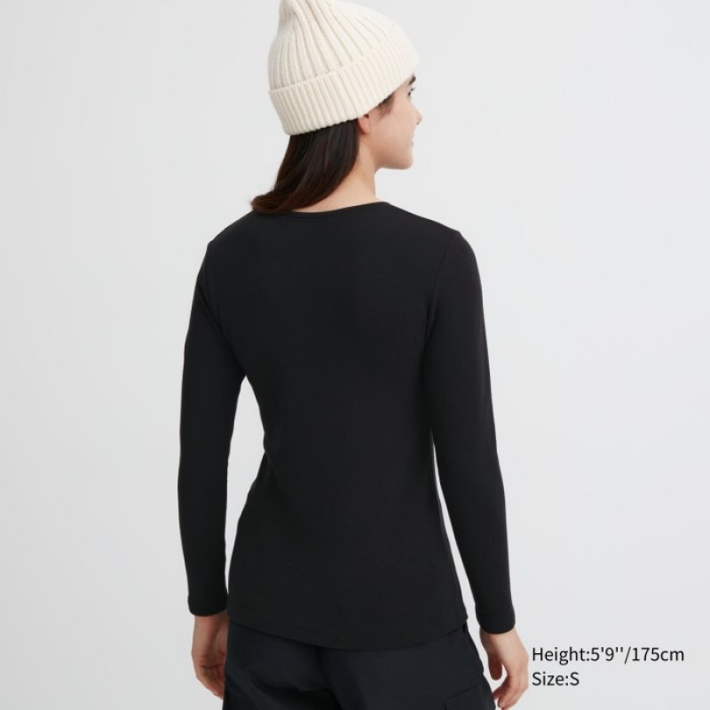 Uniqlo HEATTECH Ultra Warm Crew Neck Long-Sleeve レディース Tシャツ 黒 | 4570412