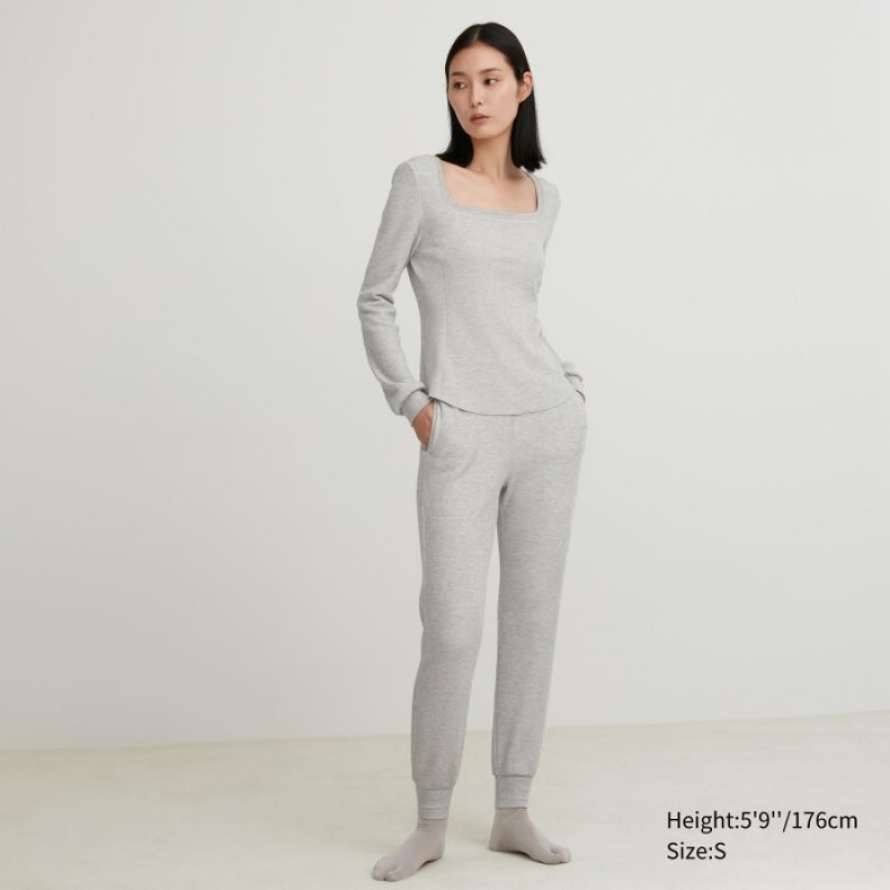 Uniqlo HEATTECH Waffle Square Neck Long-Sleeve レディース Tシャツ グレー | 7987615