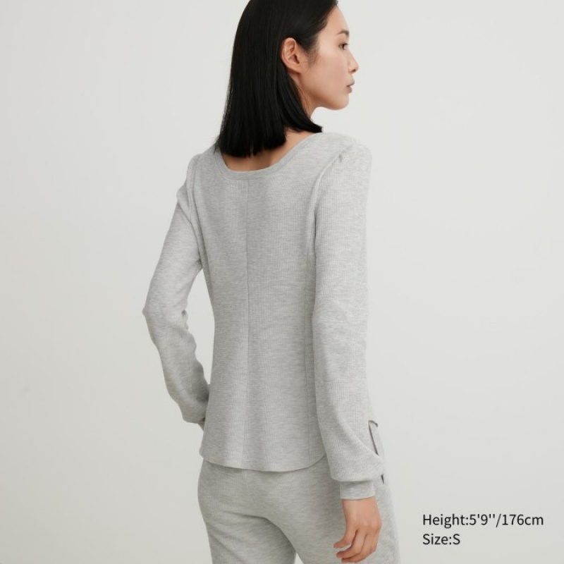 Uniqlo HEATTECH Waffle Square Neck Long-Sleeve レディース Tシャツ グレー | 7987615