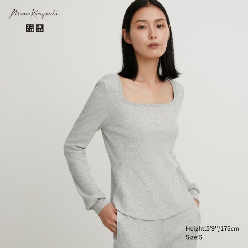 Uniqlo HEATTECH Waffle Square Neck Long-Sleeve レディース Tシャツ グレー | 7987615