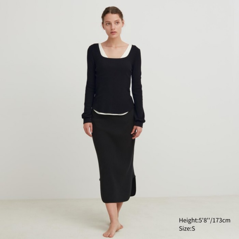 Uniqlo HEATTECH Waffle Square Neck Long-Sleeve レディース Tシャツ 黒 | 8953255