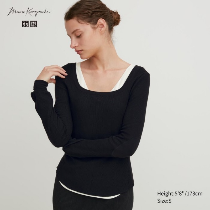 Uniqlo HEATTECH Waffle Square Neck Long-Sleeve レディース Tシャツ 黒 | 8953255