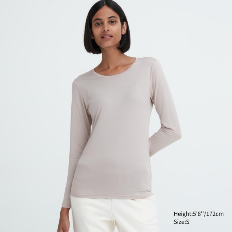 Uniqlo Heattech Crew Neck Long-sleeve レディース Tシャツ グレー | 3152726