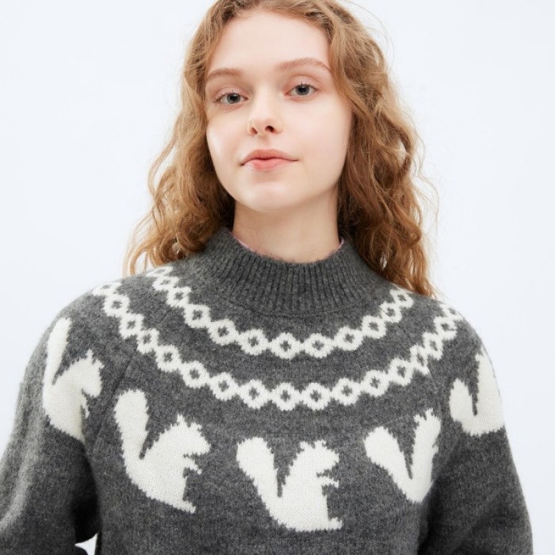 Uniqlo Jacquard Crew Neck Long-Sleeve レディース セーター 青 | 6532986