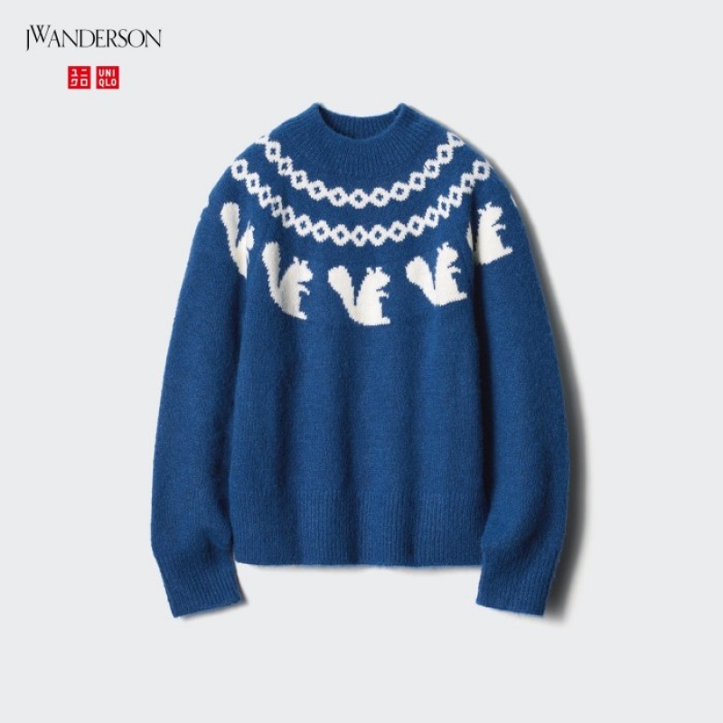Uniqlo Jacquard Crew Neck Long-Sleeve レディース セーター 青 | 6532986