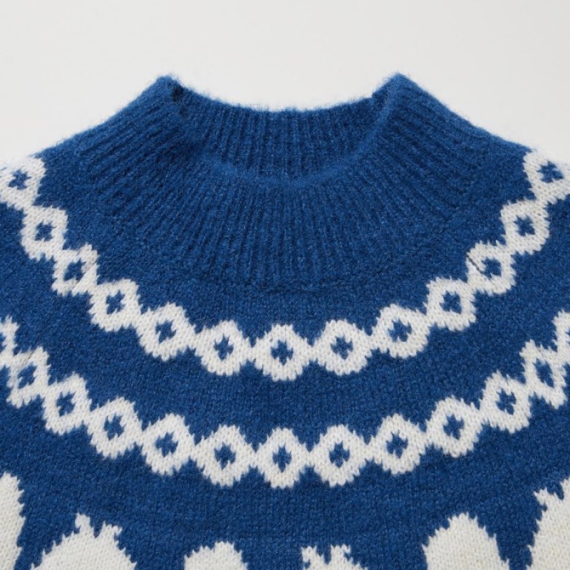 Uniqlo Jacquard Crew Neck Long-Sleeve レディース セーター 青 | 6532986