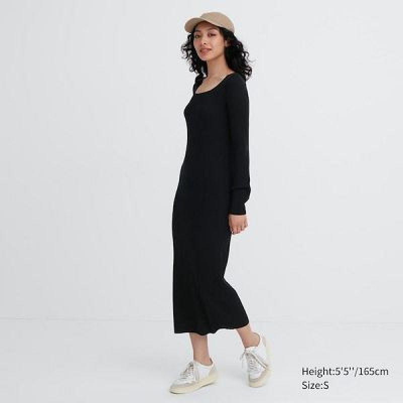 Uniqlo Merino Blend Fitted U Neck Long Sleeve レディース ワンピース 黒 | 2642822