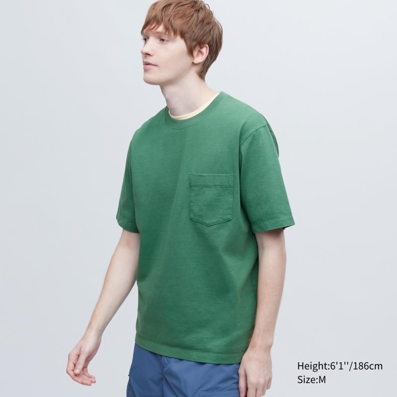 Uniqlo Oversized Pocket Crew Neck Half-sleeve メンズ Tシャツ 緑 | 4200942