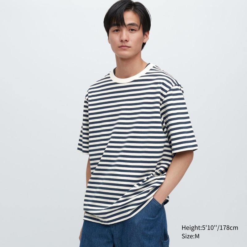 Uniqlo Oversized Striped Half-sleeve メンズ Tシャツ ネイビー | 3377161