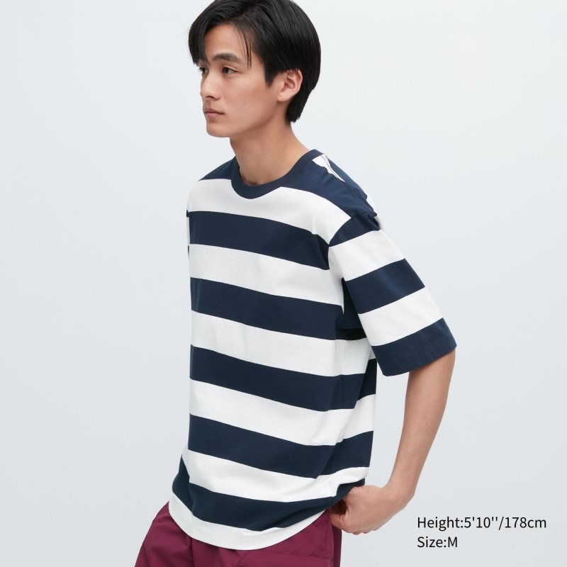 Uniqlo Oversized Striped Half-sleeve メンズ Tシャツ ネイビー | 9559405