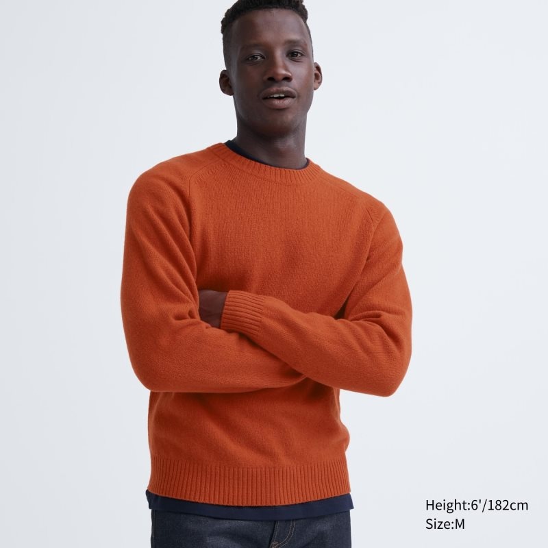Uniqlo Premium Lambswool Crew Neck Long Sleeve メンズ セーター オレンジ | 69383