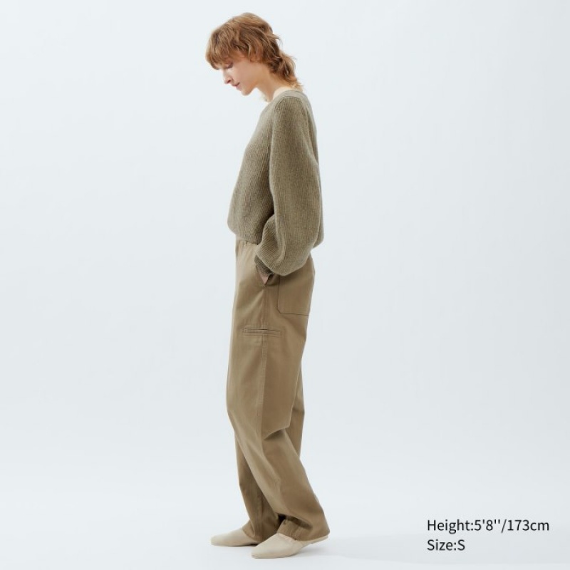 Uniqlo Premium Lambswool Volume Long-Sleeve レディース セーター カーキ | 8923940