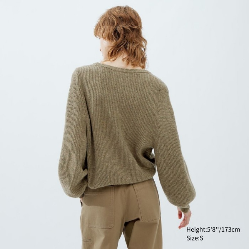 Uniqlo Premium Lambswool Volume Long-Sleeve レディース セーター カーキ | 8923940