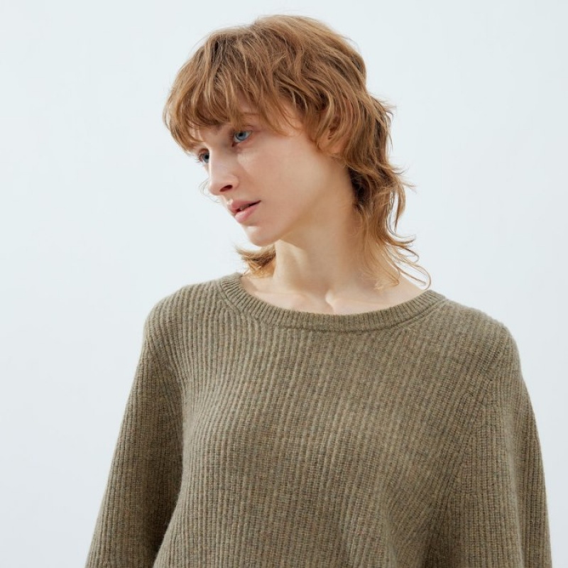 Uniqlo Premium Lambswool Volume Long-Sleeve レディース セーター カーキ | 8923940