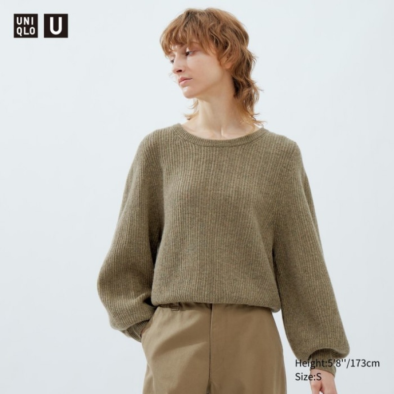 Uniqlo Premium Lambswool Volume Long-Sleeve レディース セーター カーキ | 8923940