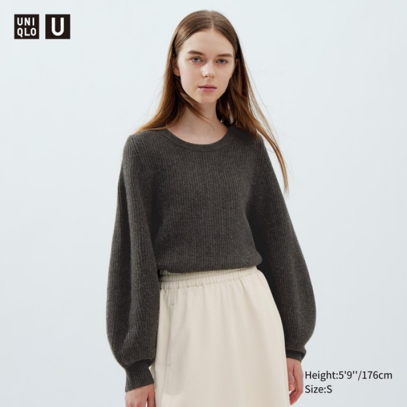 Uniqlo Premium Lambswool Volume Long-Sleeve レディース セーター ブラウン | 9818467