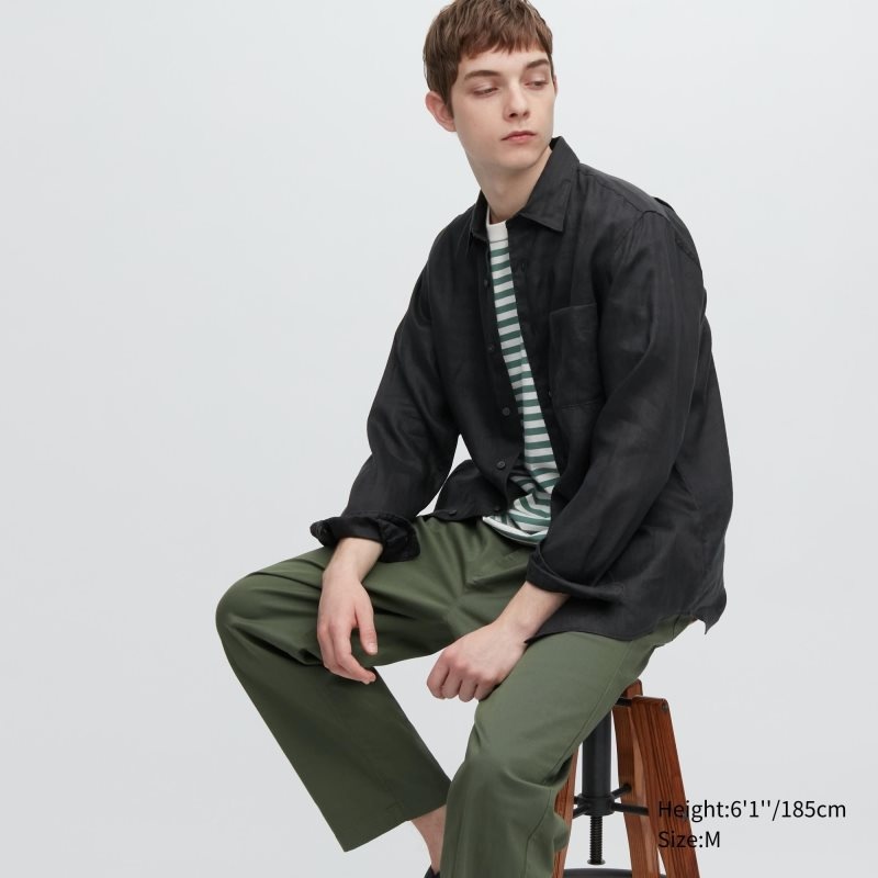 Uniqlo Premium Linen Long-sleeve メンズ シャツ 黒 | 7309507