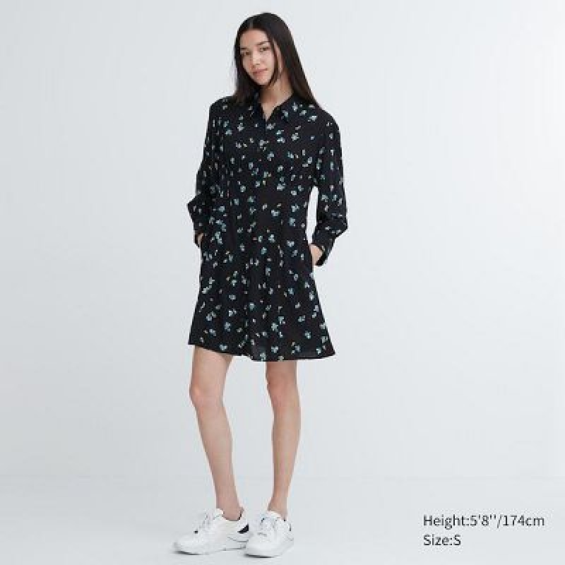 Uniqlo Printed V-Neck Long-Sleeve Mini レディース ワンピース 黒 | 2169799