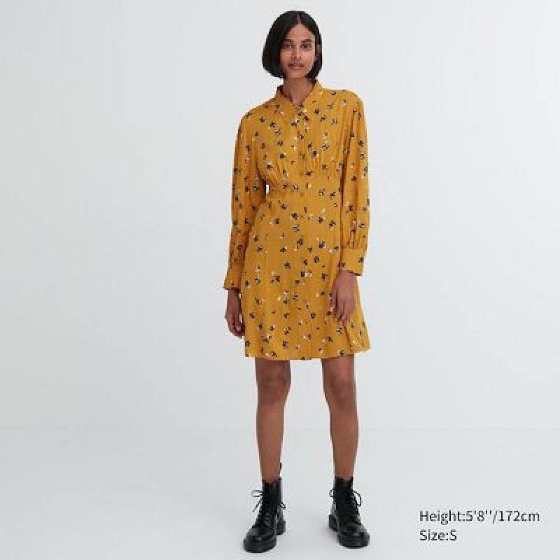 Uniqlo Printed V-Neck Long-Sleeve Mini レディース ワンピース 黄色 | 8148665