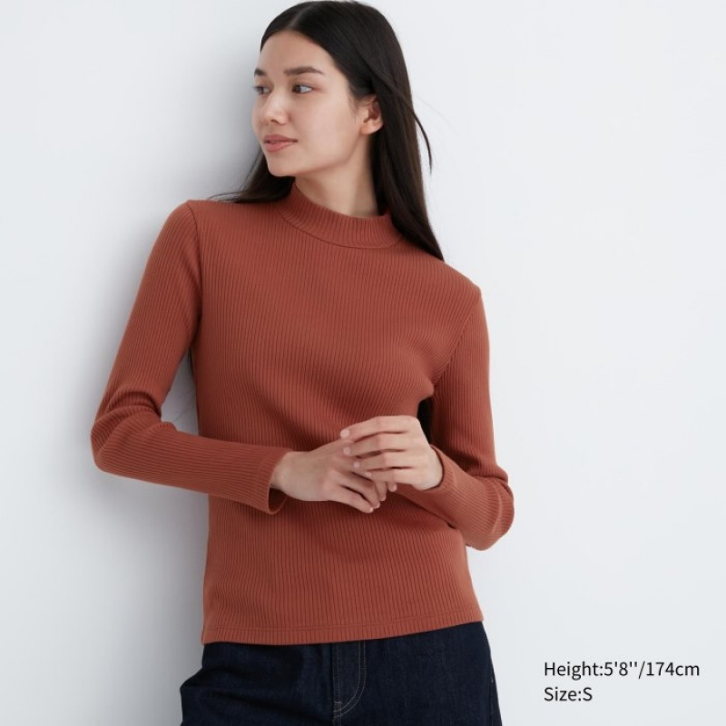 Uniqlo Ribbed High Neck Long-Sleeve レディース Tシャツ 赤 | 1154938