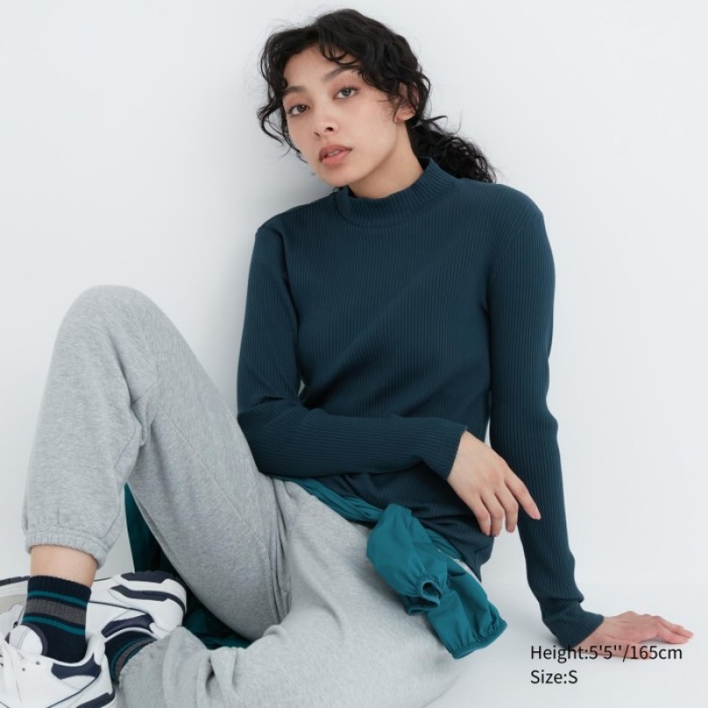 Uniqlo Ribbed High Neck Long-Sleeve レディース Tシャツ 緑 | 146074